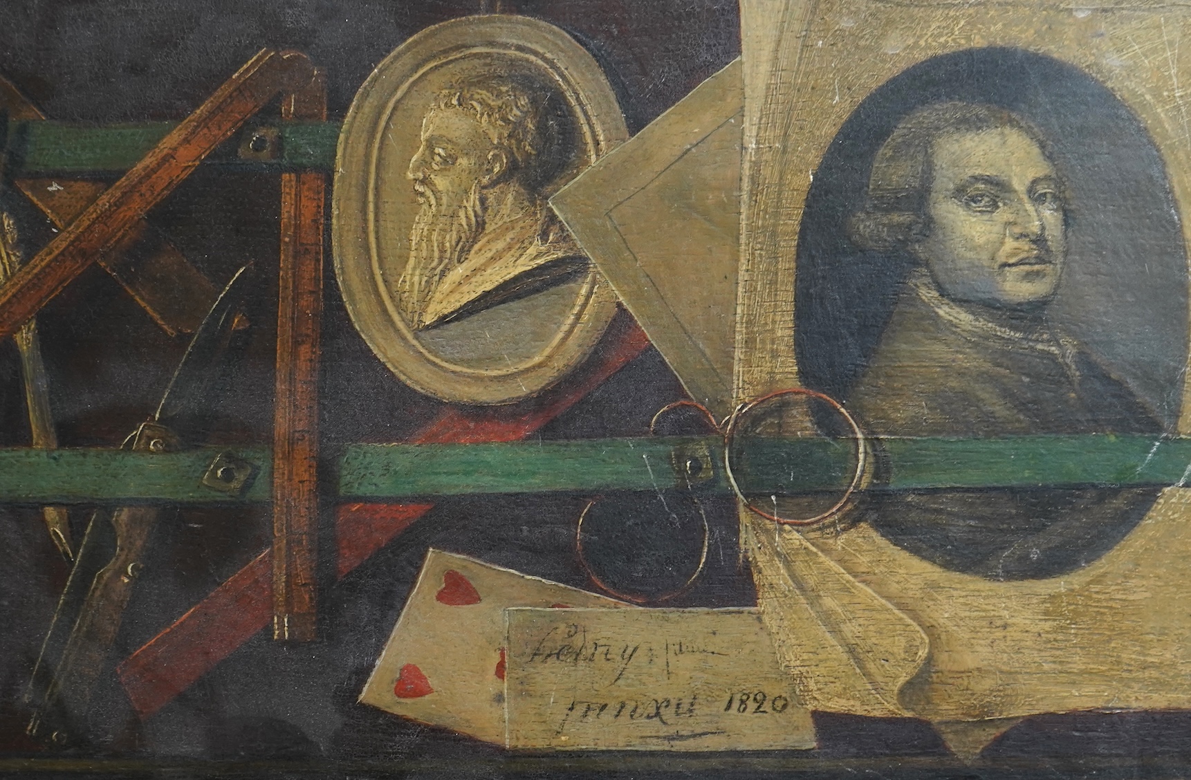 After Dominique Doncre, 1743-1820, A Trompe l'oeil still life of a medallion bust, portrait and playing card
